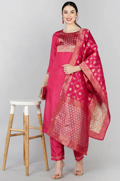 Women's Poly Silk Yoke Design Kurta Pants Dupatta Set  - A