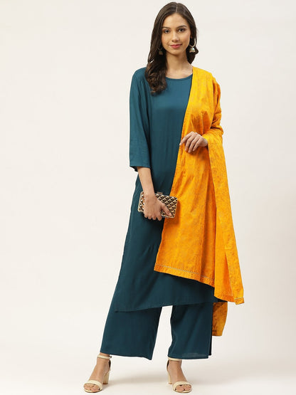 Women's Teal Blue Solid Kurta with Palazzos & Ethnic Motifs Hand Printed Dupatta