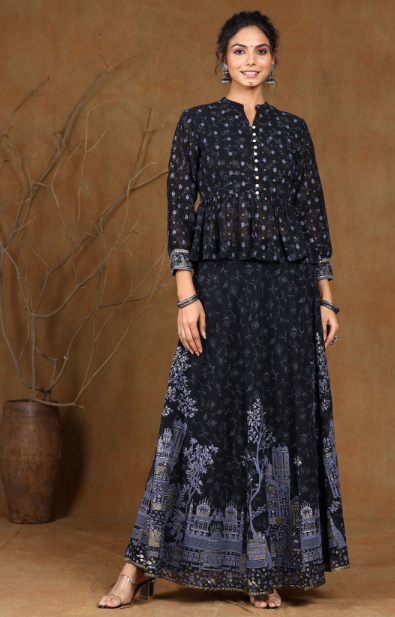 Women's Black Georgette Printed Lehenga Choli