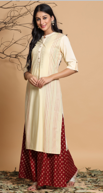 Women's Ivory Rayon Printed Straight Kurta With Mask