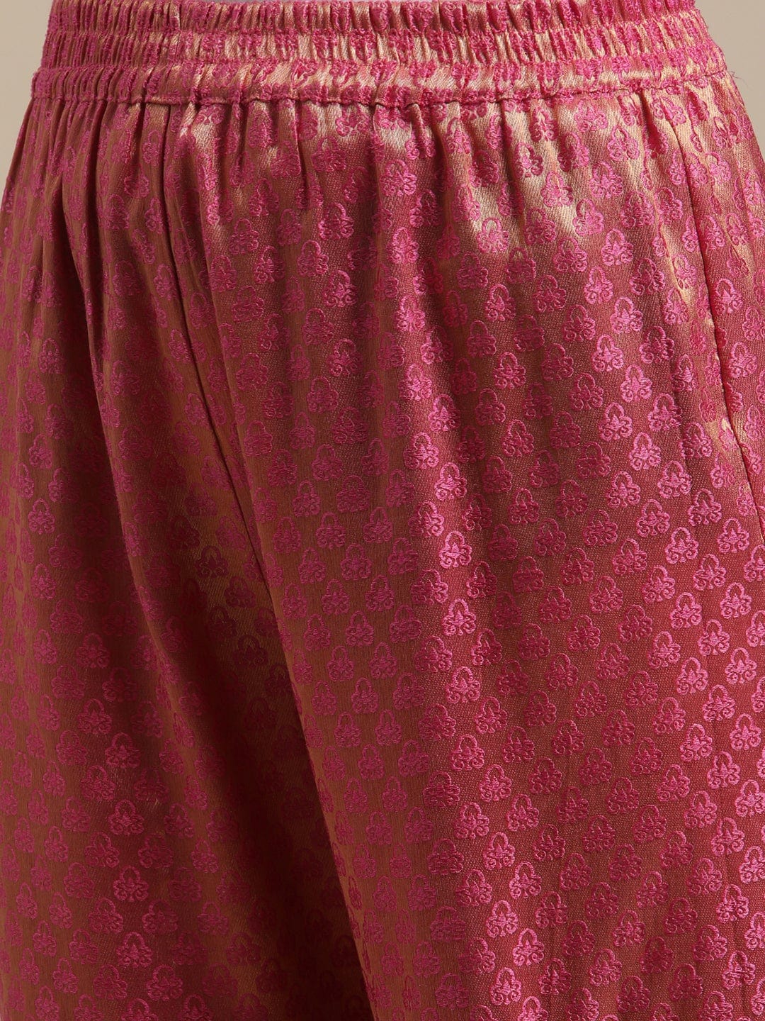 Women's Pink And Gold Brocade Sleeveless Kurta Sharara Set With Sequins Ruffle Dupatta