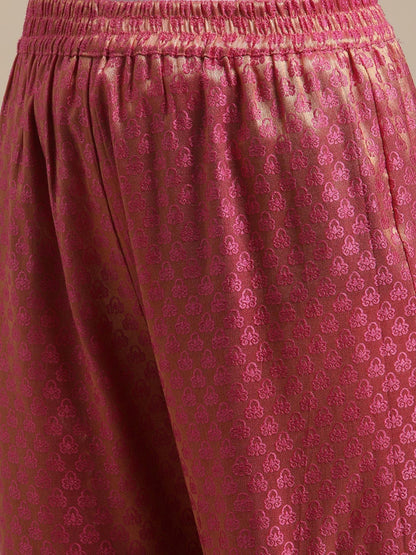 Women's Pink And Gold Brocade Sleeveless Kurta Sharara Set With Sequins Ruffle Dupatta