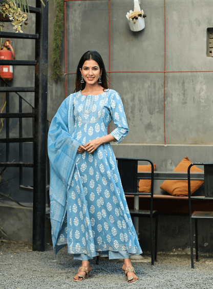 Women's Blue & White Embroidered Handblock Anarkali Kurta With Trousers & Dupatta Set