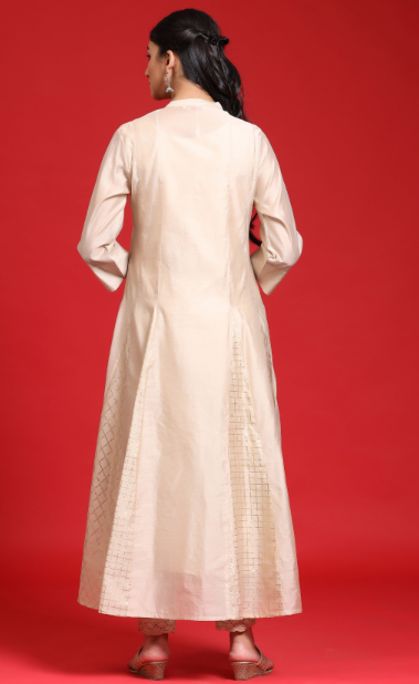 Women's Beige Chanderi Embellished Layered Anarkali Kurta