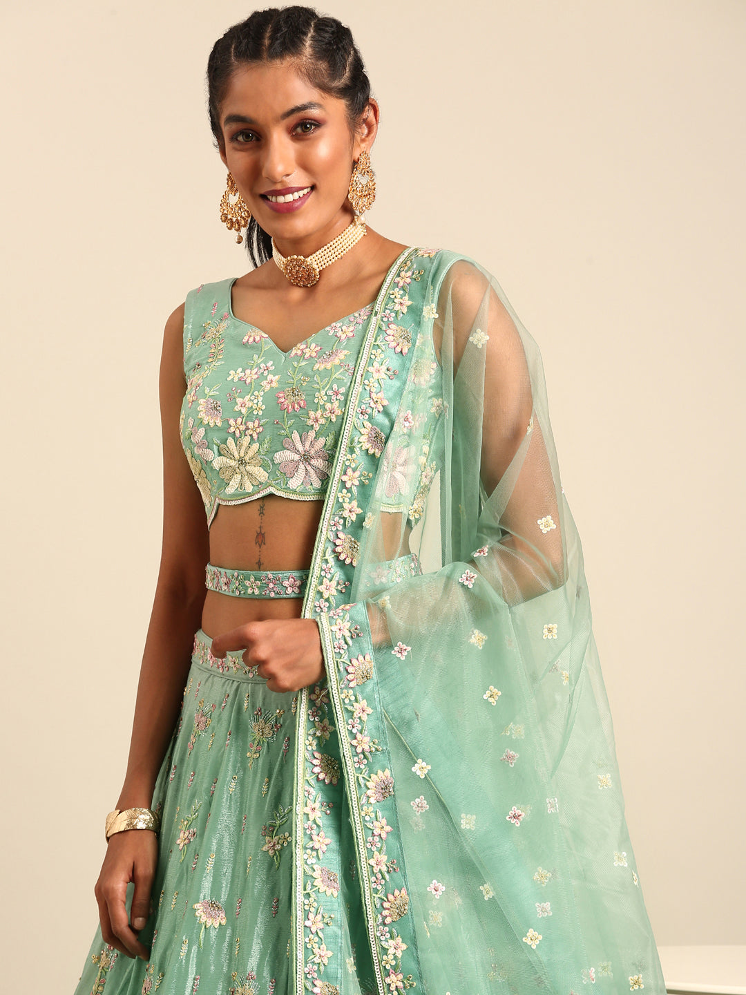 Women 's Sea Green Georgette heavy Sequinse embroidery Ready to Wear Lehenga choli & Dupatta