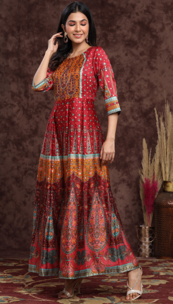 Women's Maroon Dull Satin Printed Anarkali Dress