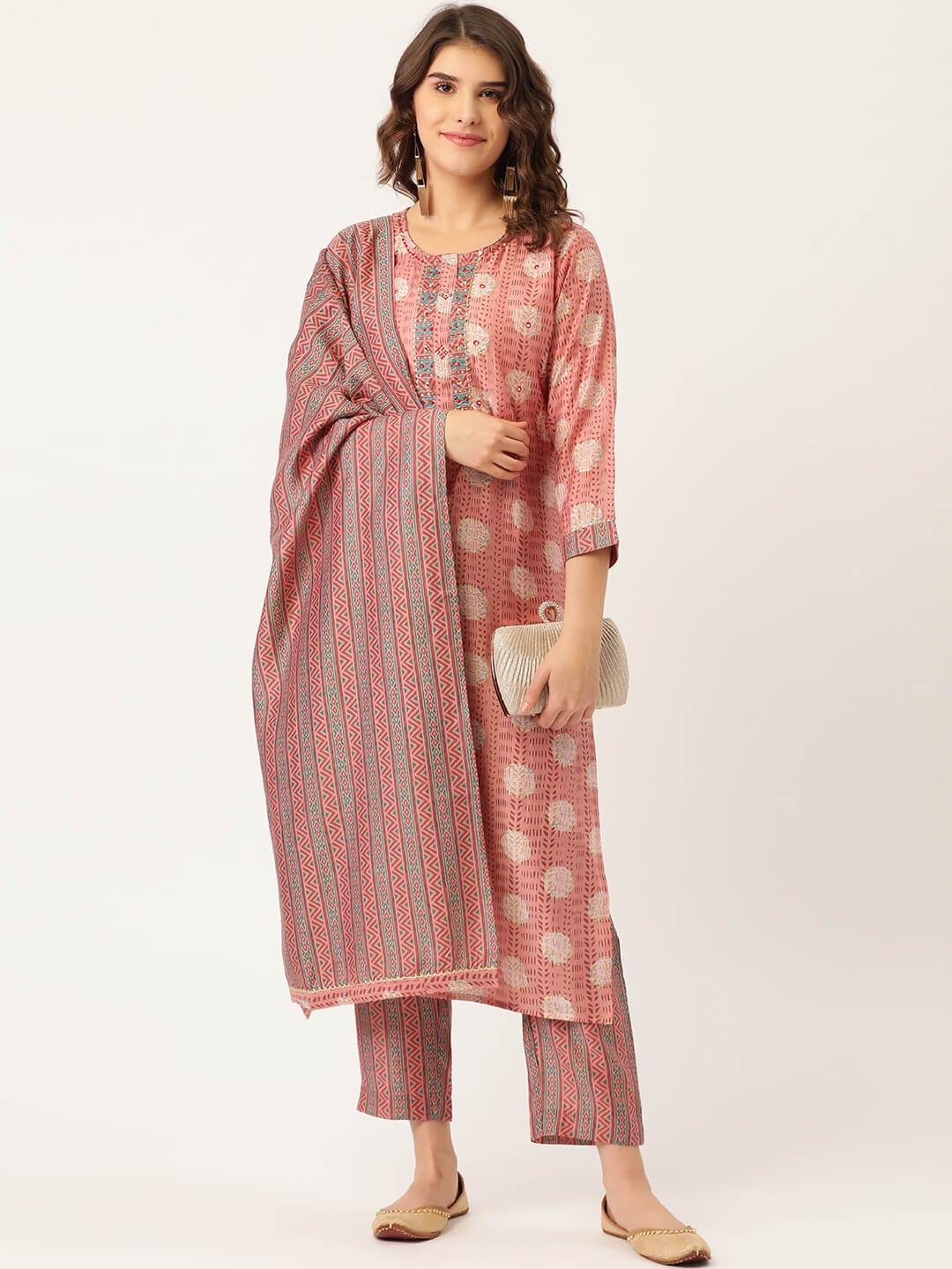 Women's Rayon Printed Suit Set with Adda Work & Dupatta