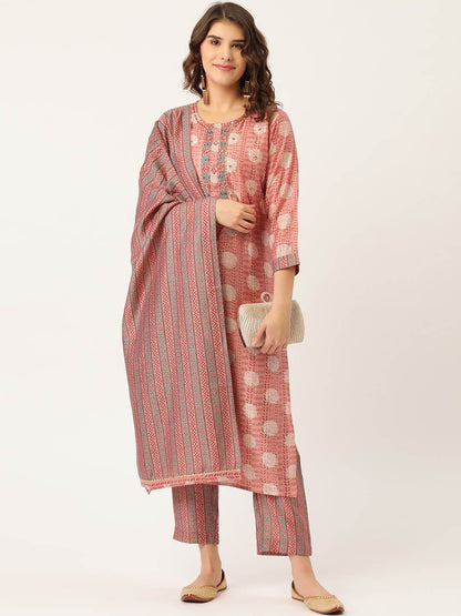 Women's Rayon Printed Suit Set with Adda Work & Dupatta
