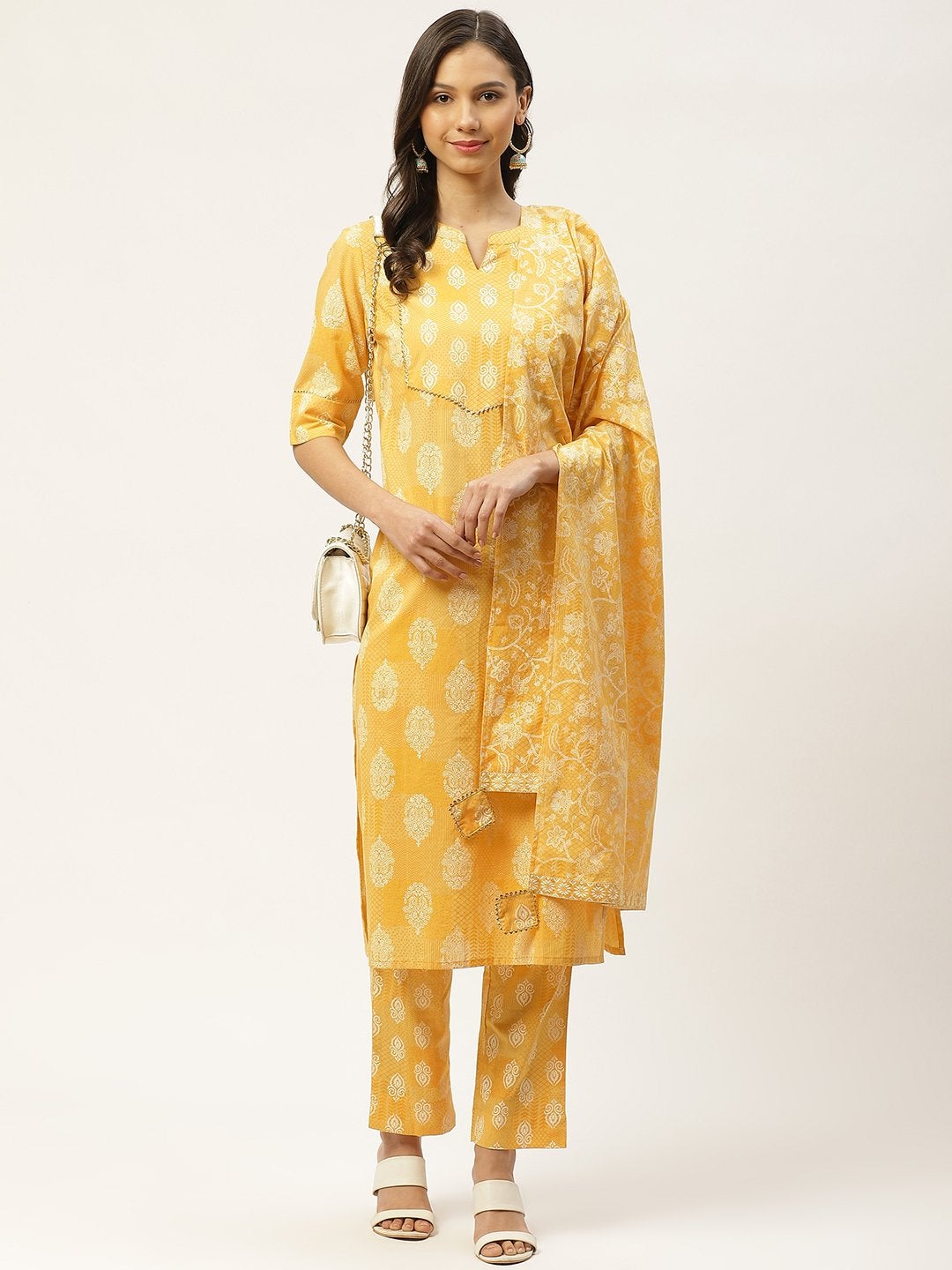 Women's Yellow & White Ethnic Hand Printed Cotton Kurta with Trousers & Dupatta