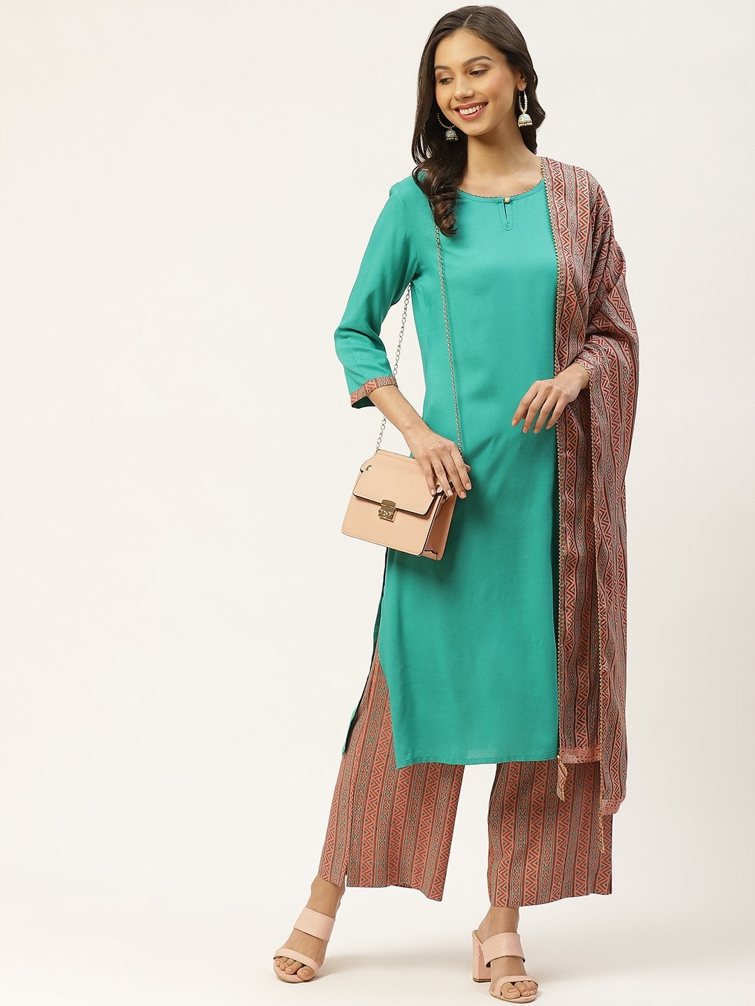 Women's Blue Solid Kurta with Ethnic Motifs Hand Printed Palazzos & Dupatta