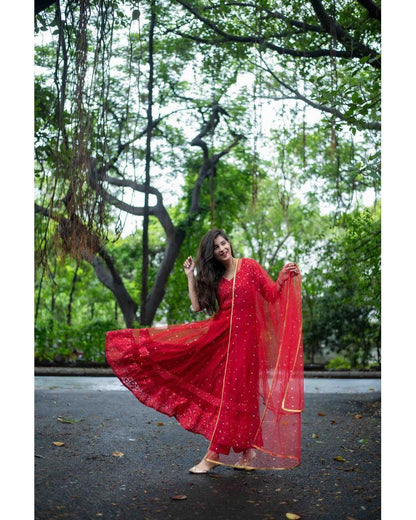 Women's Red Thread Work Anarkali Set (3pcs set)