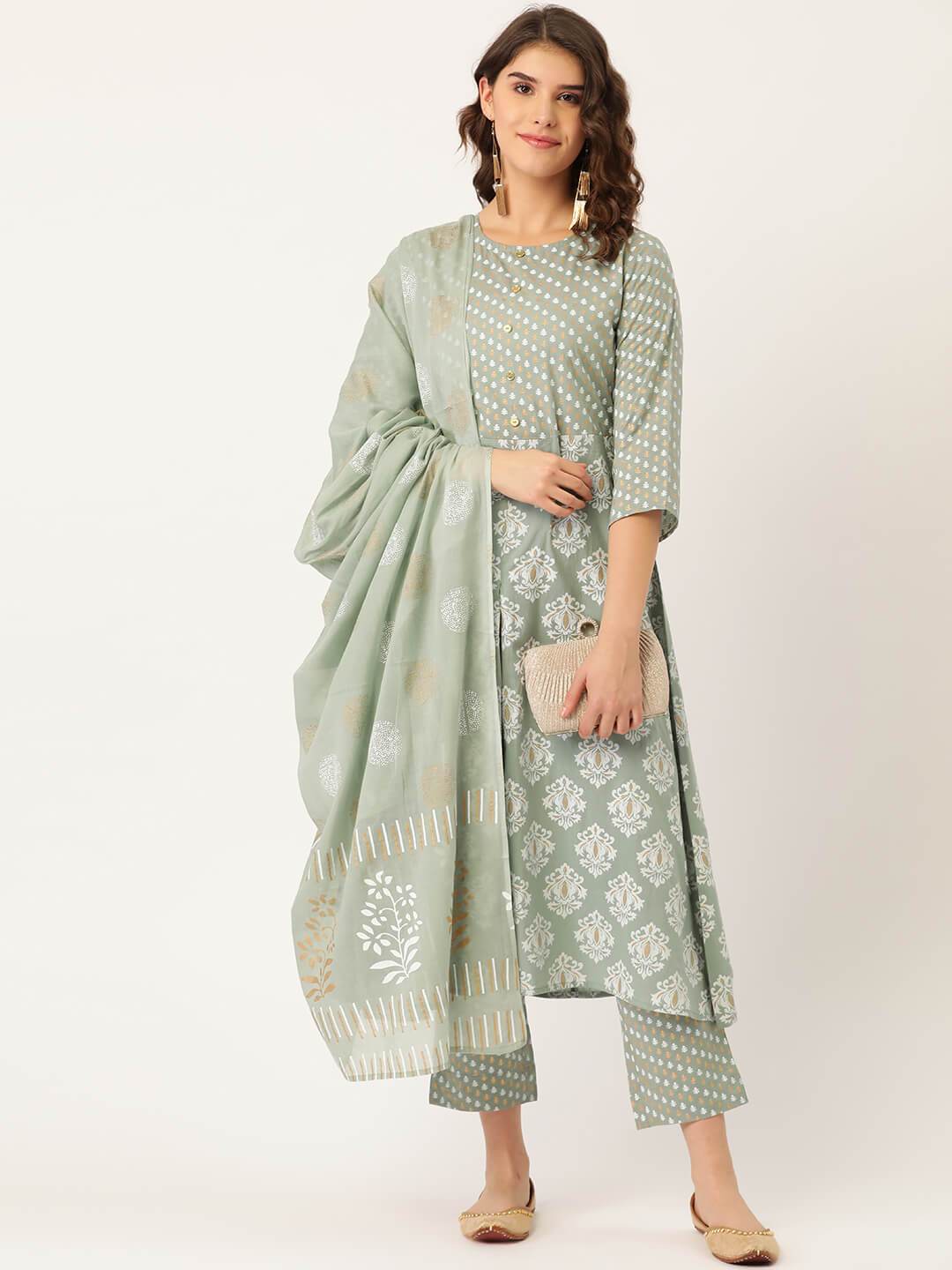 Women's Cotton Gold Printed Suit Set With Dupatta