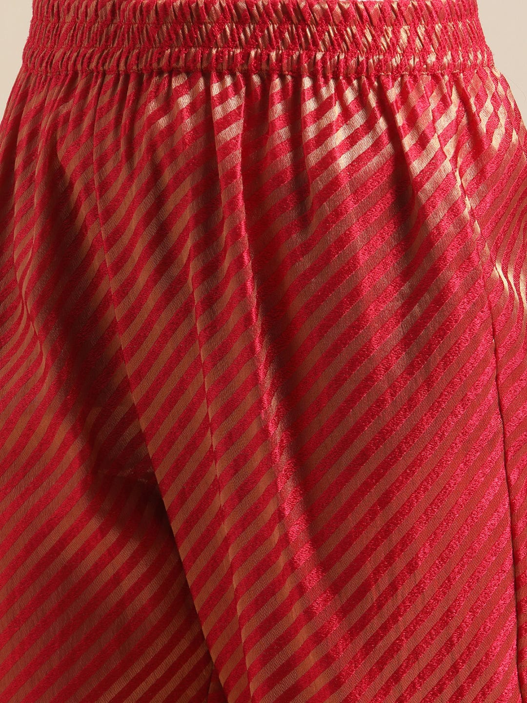 Women's Red And Gold Brocade Gota Embellished Striped Kurta Set With Gota Work Net Dupatta