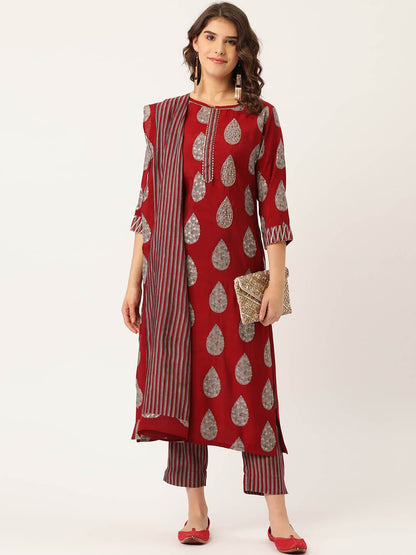 Women's Rayon Printed Suit Set with Adda Work & Dupatta