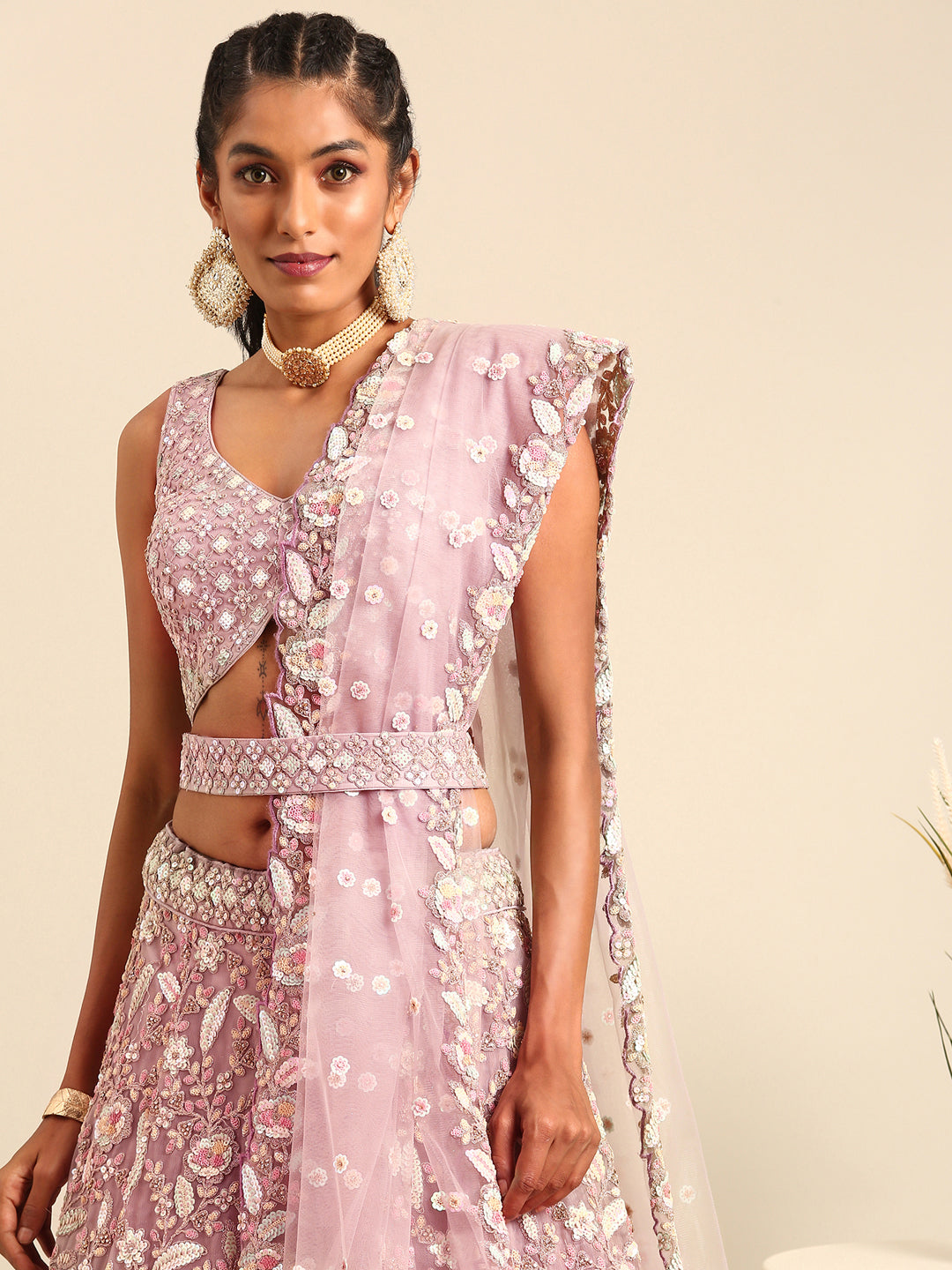 Women 's Mauve Net Multi Sequins with heavy Zarkan embroidery Ready to Wear Lehenga choli & Dupatta