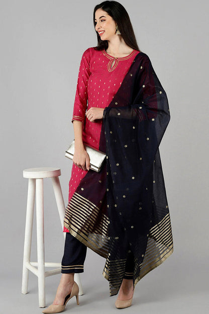 Women's Poly Chanderi Printed Kurta Pant Dupatta Set