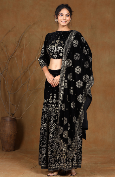 Women's Black Velvet Printed Lehenga Choli Dupatta Set
