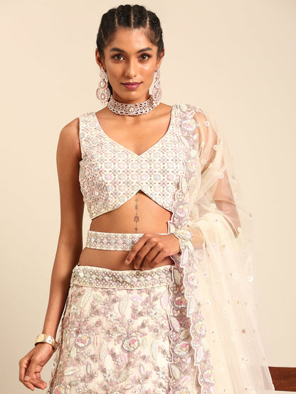 Women 's Cream Net Multi Sequins with heavy Zarkan embroidery Ready to Wear Lehenga choli & Dupatta