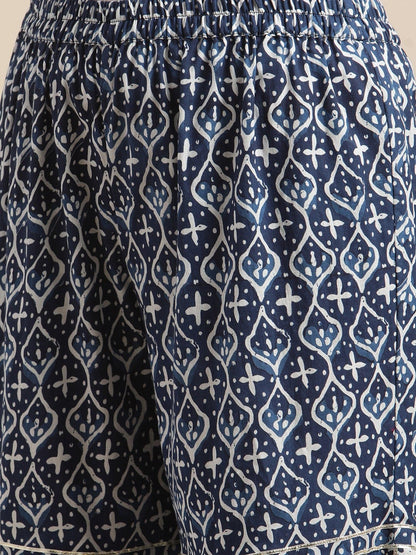 Women's Indigo And White Floral Printed Flared Kurta Sharara Set