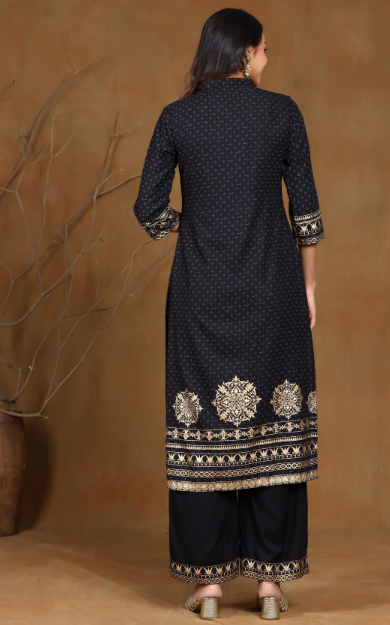 Women's Black Rayon Printed Straight Kurta Sets