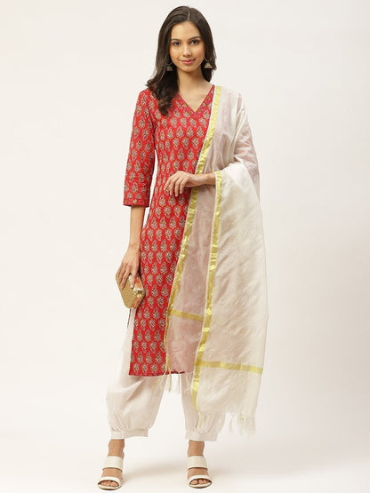 Women's Red & White Ethnic Hand Printed Cotton Kurta with Salwar & Dupatta