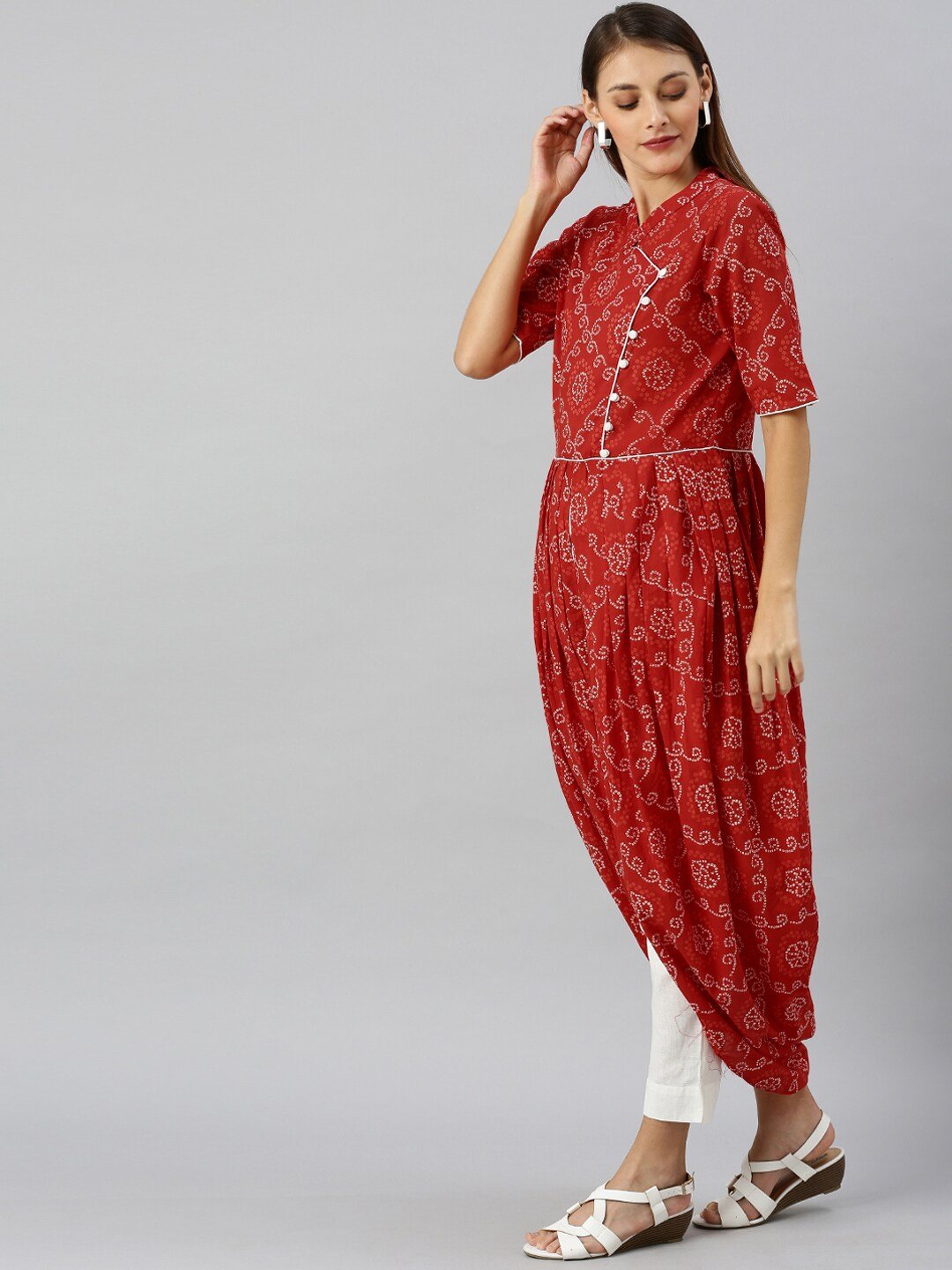 Women's  Red & White Embellished A-Line Kurta