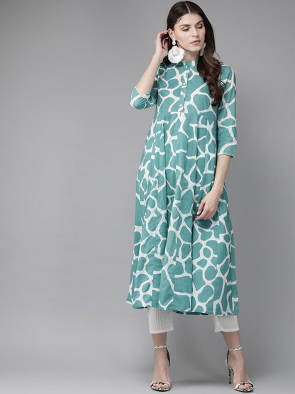 Women's  Blue & White Giraffe Print Anarkali Kurta
