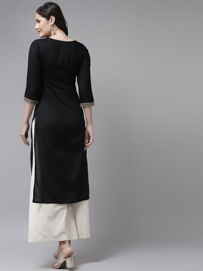 Women's Black Ethnic Motifs Yoke Design Kurta