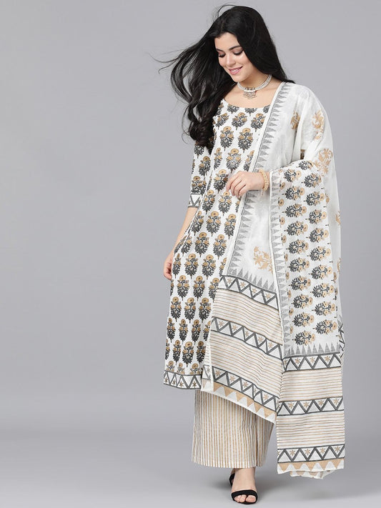 Women's  White & Gold-Toned Embroidered Kurta with Sharara & Dupatta