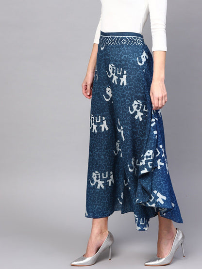 Women's  Navy Blue & White Flared Printed Palazzos