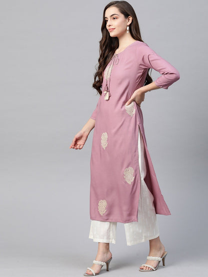 Women's Pink & Offwhite Embroidered Kurta Set