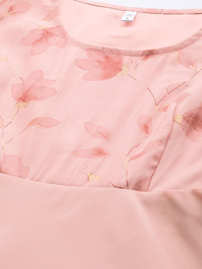 Women's  Pink Printed Detail Satin Finish Empire Maxi Dress