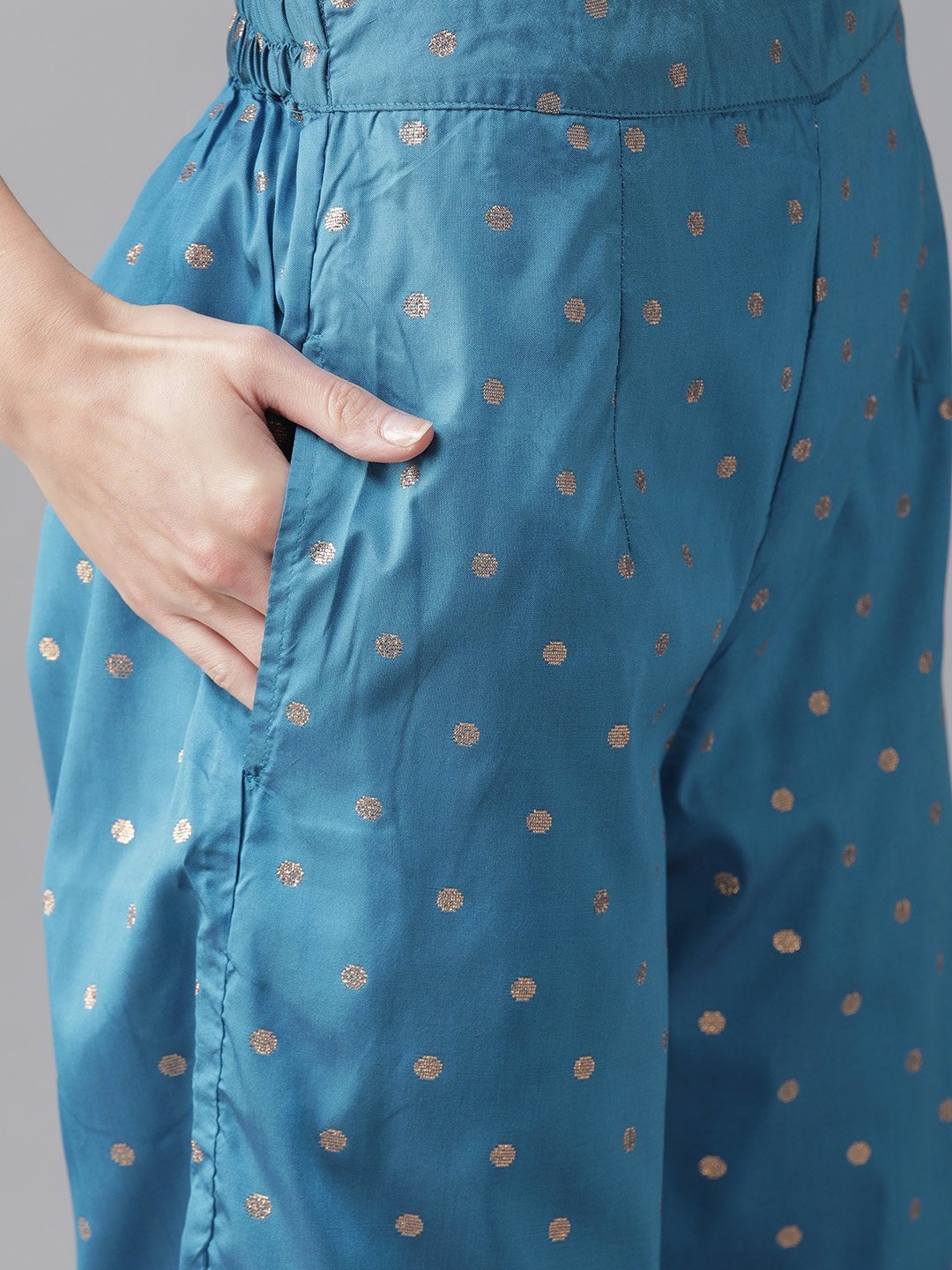 Women's  Blue & Golden Woven Design Kurta with Palazzos & Dupatta