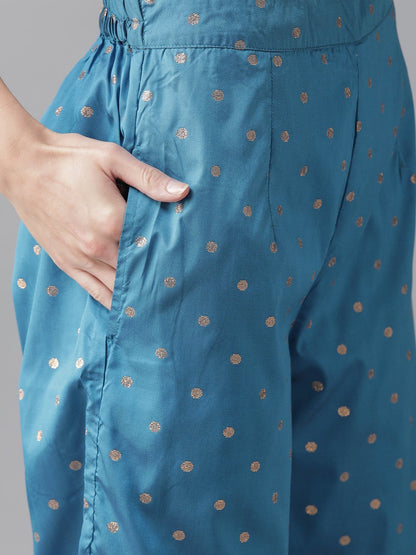Women's  Blue & Golden Woven Design Kurta with Palazzos & Dupatta