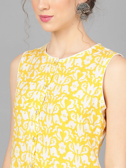 Women's  Yellow & White Printed Straight Kurta