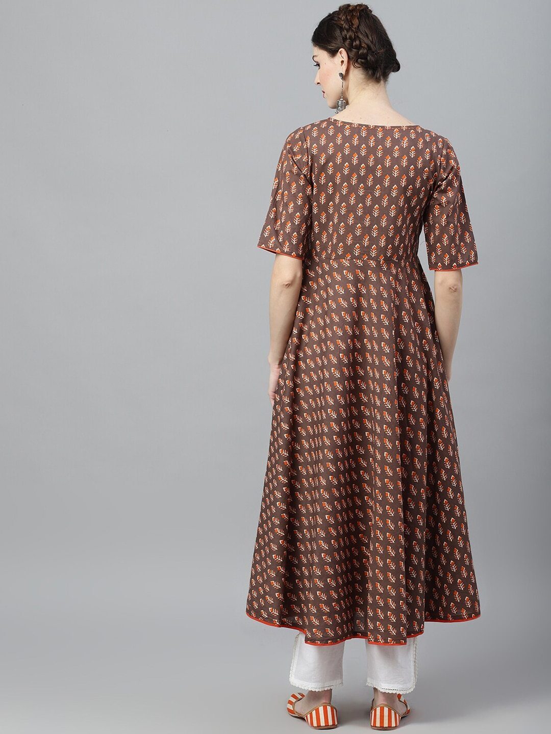 Women's  Brown & Orange Checked Anarkali Kurta