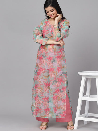 Women's  Pink & Green Printed Kurta with Palazzos