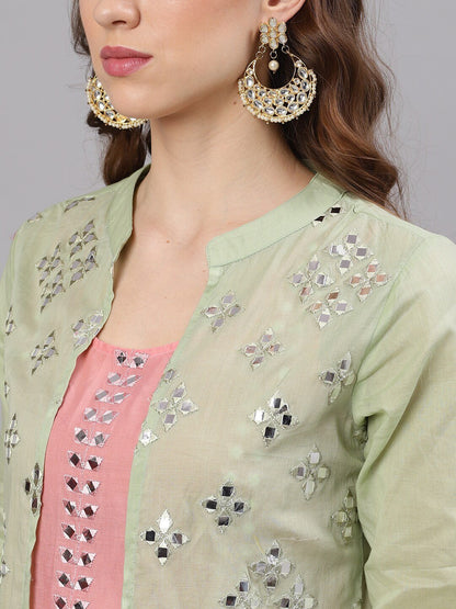 Women's  Green & Pink Mirror Work Kurta with Palazzos & Ethnic Shrug