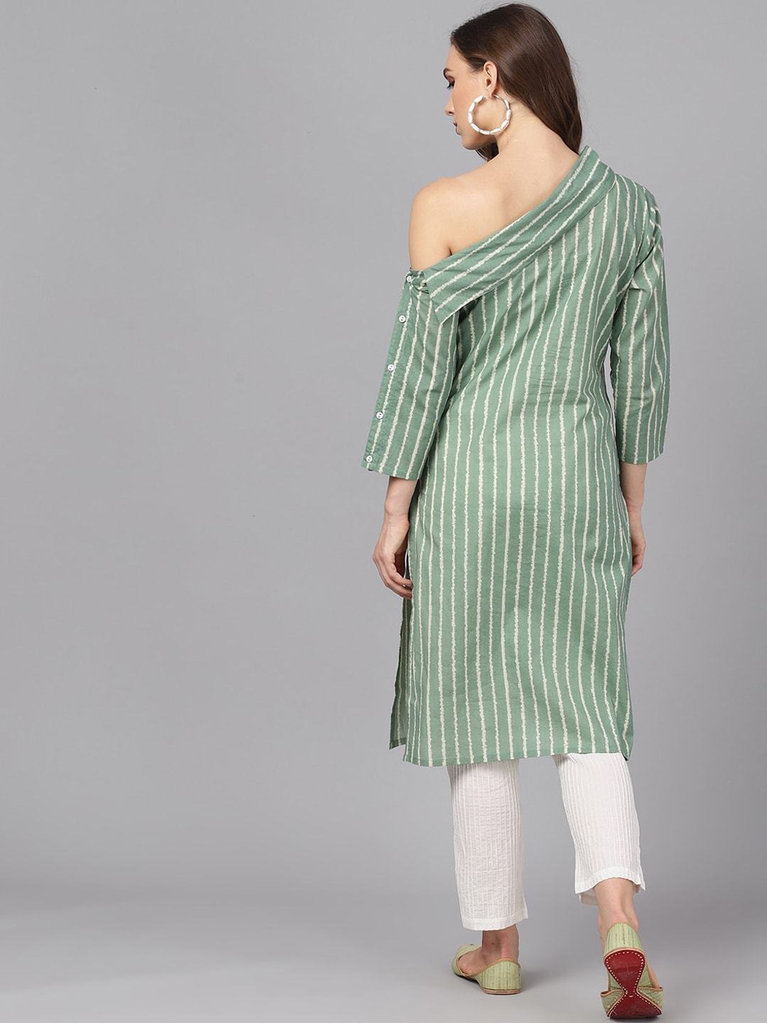Women's  Green & Off-White Striped Straight Kurta