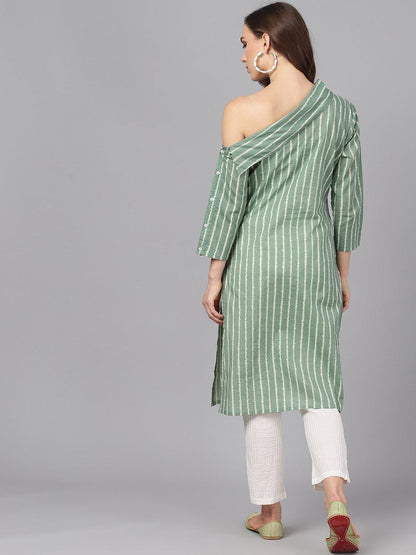 Women's  Green & Off-White Striped Straight Kurta