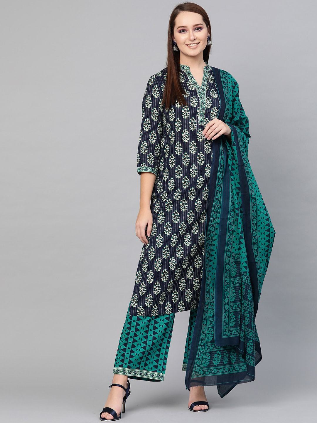 Women's  Navy Blue & Green Printed Kurta with Palazzos & Dupatta
