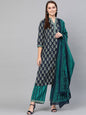 Women's  Navy Blue & Green Printed Kurta with Palazzos & Dupatta