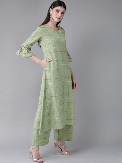 Women's  Green & Navy Blue Checked A-Line Kurta