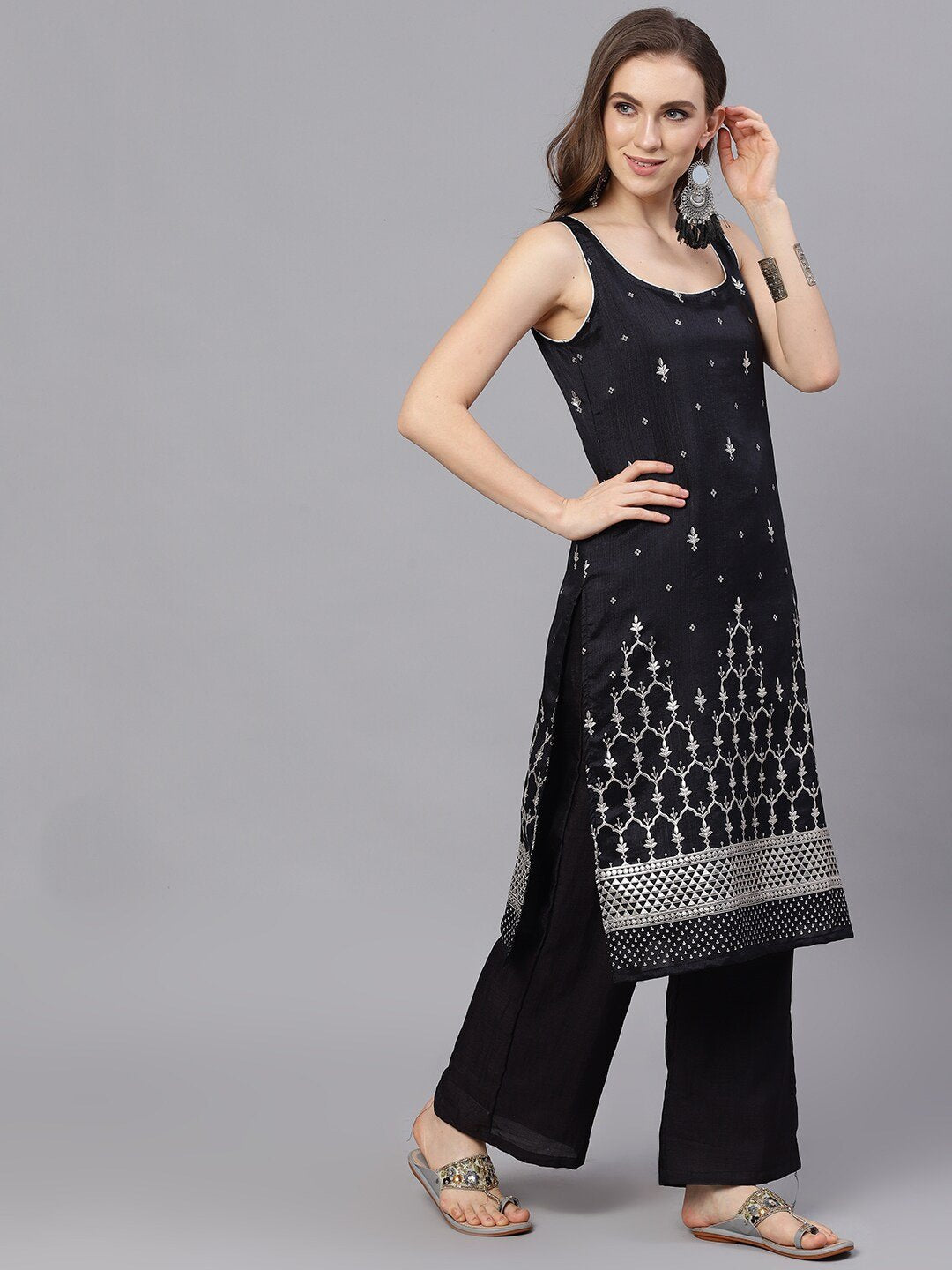 Women's Black Sliver Foil Printed Straight Kurta With Palazzo Set