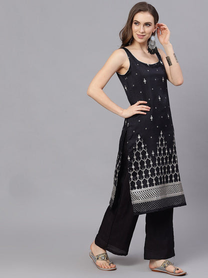 Women's Black Sliver Foil Printed Straight Kurta With Palazzo Set