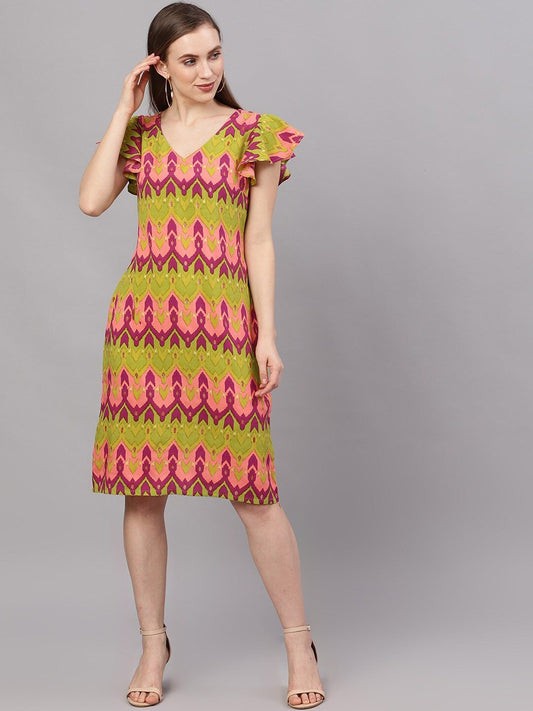 Women's  Green Printed A-Line Dress
