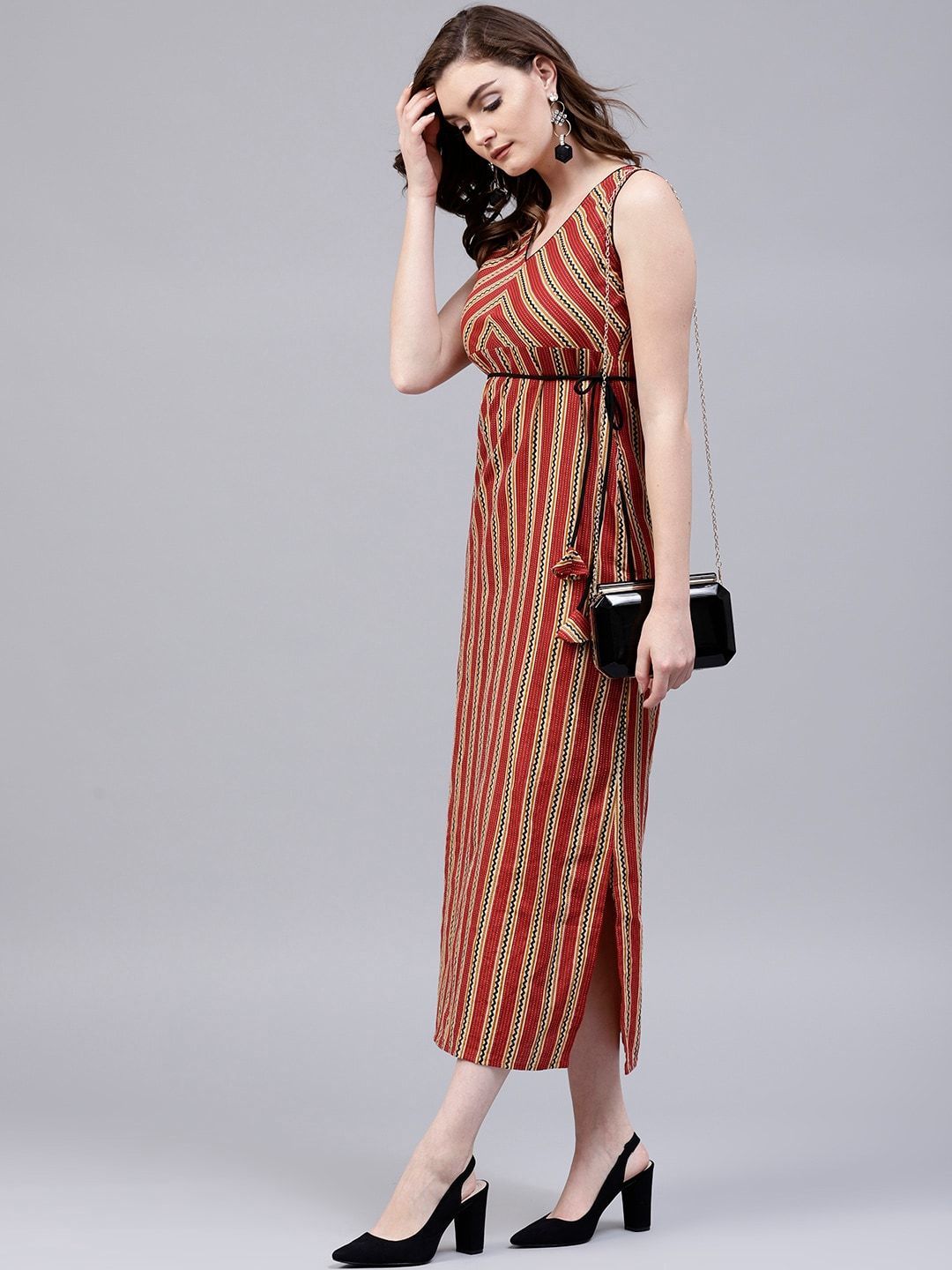 Women's  Rust Red & Beige Striped Empire Dress