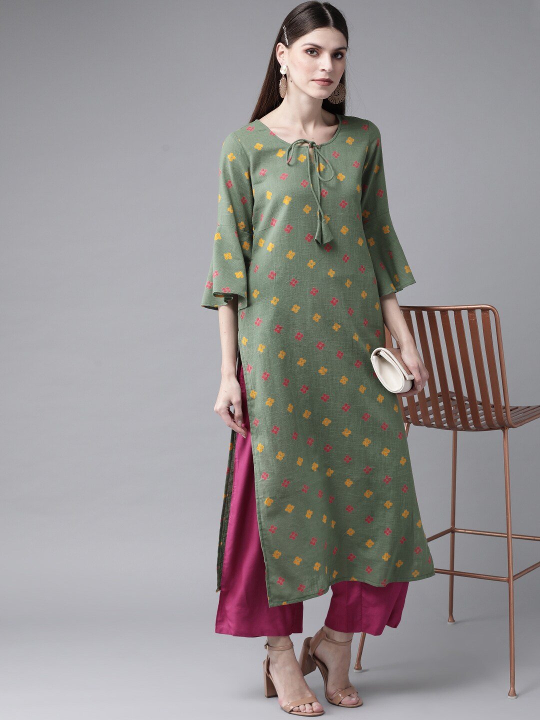 Women's  Green & Yellow Printed Straight Kurta