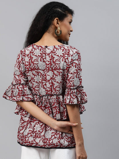 Women's Maroon & Offwhite Printed Top