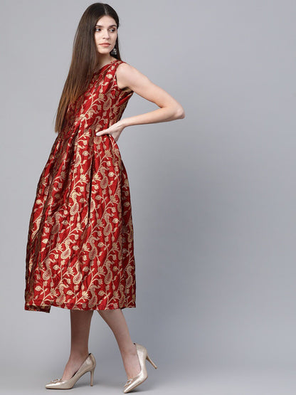 Women's  Maroon & Golden Self Design Wrap Dress